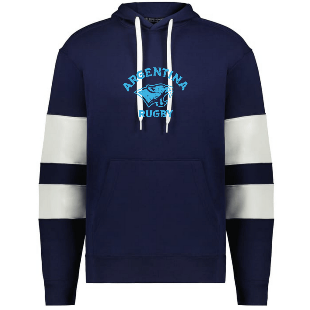 The WRS Augusta Nations of Rugby Argentina Jackson Way Hoodie is navy blue with white sleeve stripes, a front pocket, "Argentina Rugby" text, and a jaguar logo printed on the chest.
