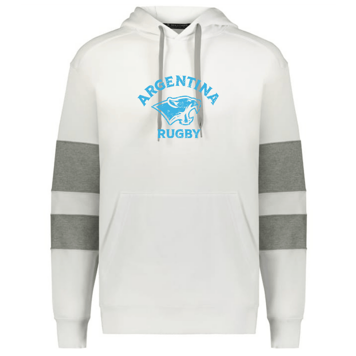 Show your rugby pride with the WRS Augusta Nations of Rugby Argentina Jackson Way Hoodie—white with gray sleeve stripes, front pocket, and a blue "Argentina Rugby" jaguar logo on the chest.