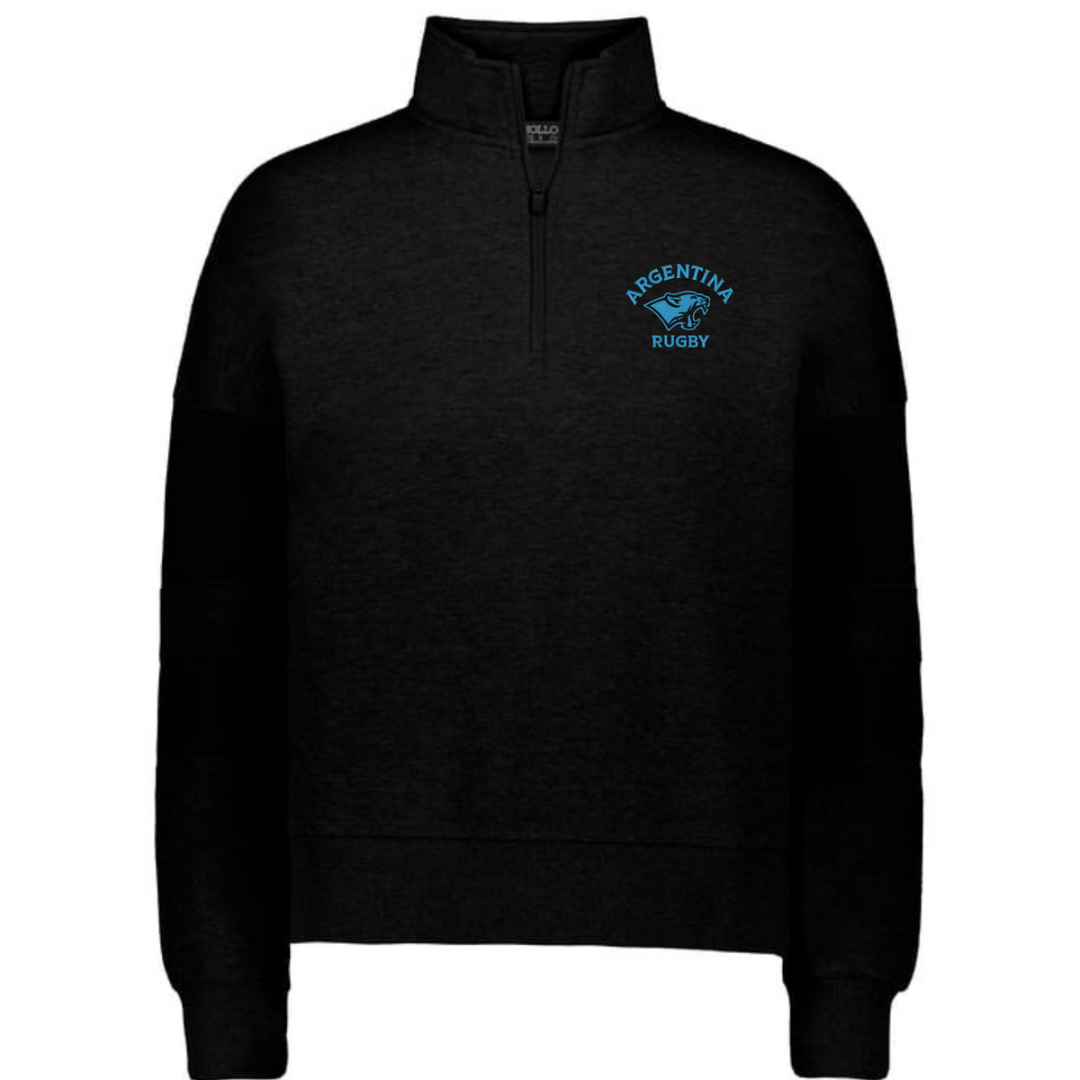 The EMB Augusta Women's Nations of Rugby Argentina Jackson Way Pullover is a black quarter-zip with "ARGENTINA RUGBY" and a blue puma logo on the left chest.