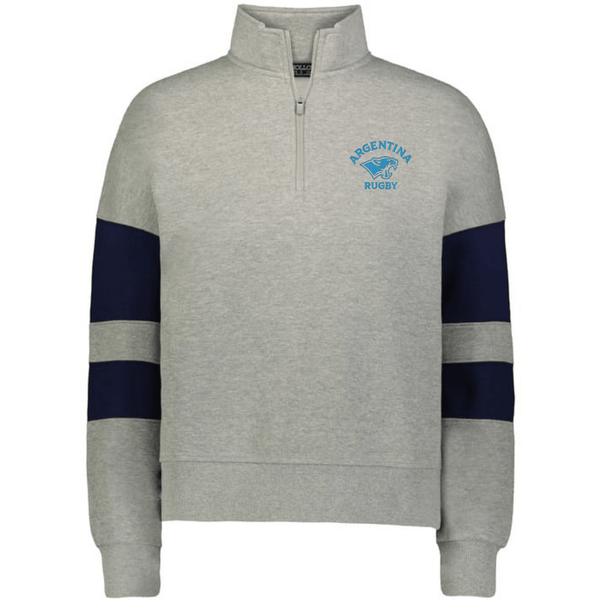 The EMB Augusta Women's Nations of Rugby Argentina Jackson Way Pullover features a light grey design, navy blue sleeve stripes, and an "Argentina Rugby" logo on the left chest.