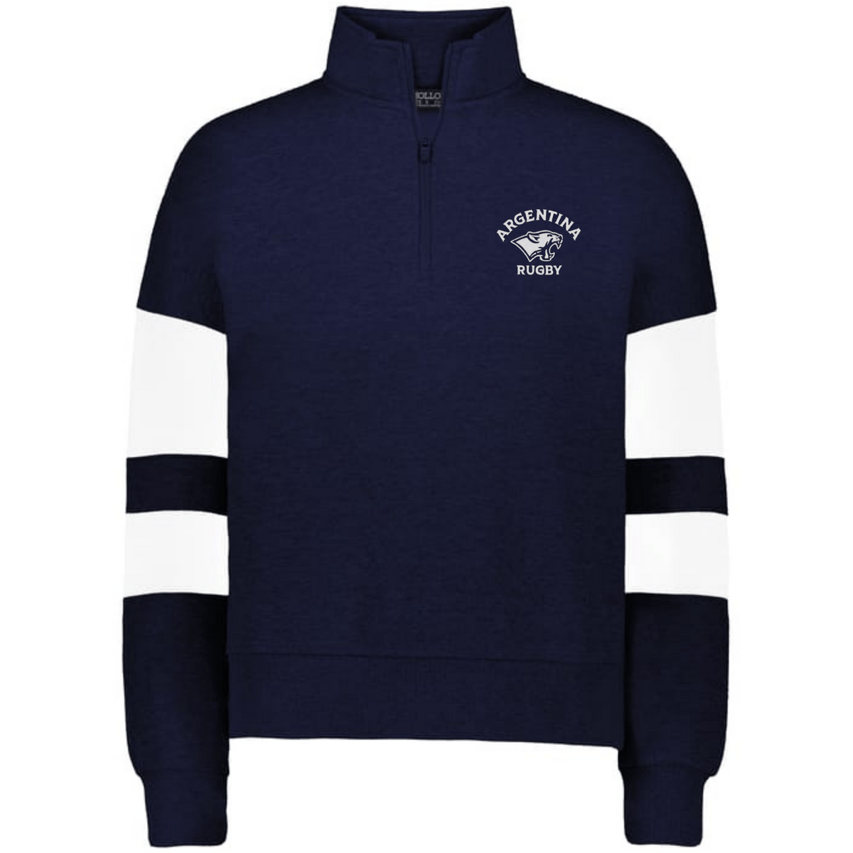 The EMB Augusta Women's Nations of Rugby Argentina Jackson Way Pullover is a navy cropped fleece quarter-zip with white sleeve stripes and an "Argentina Rugby" logo, perfect for sporty style.