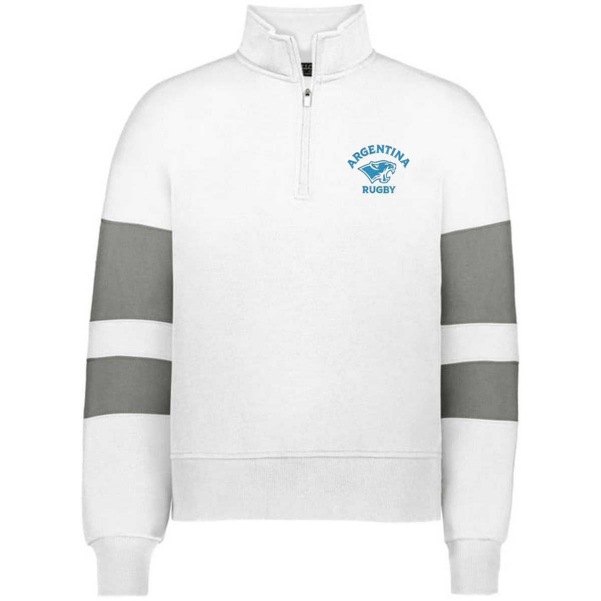The EMB Augusta Women's Nations of Rugby Argentina Jackson Way Pullover features a white quarter-zip design, two gray stripes on each sleeve, and an "Argentina Rugby" blue jaguar logo on the left chest.