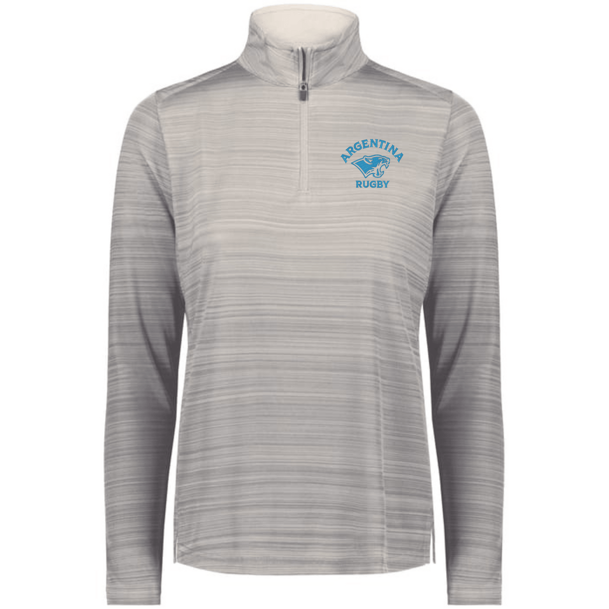 The Women's Nations of Rugby Argentina Pursuit 1/4 Zip Pullover by EMB Augusta features long sleeves, horizontal stripes, and a blue "Argentina Rugby" logo—ideal for fans seeking stylish, moisture-wicking athletic wear.
