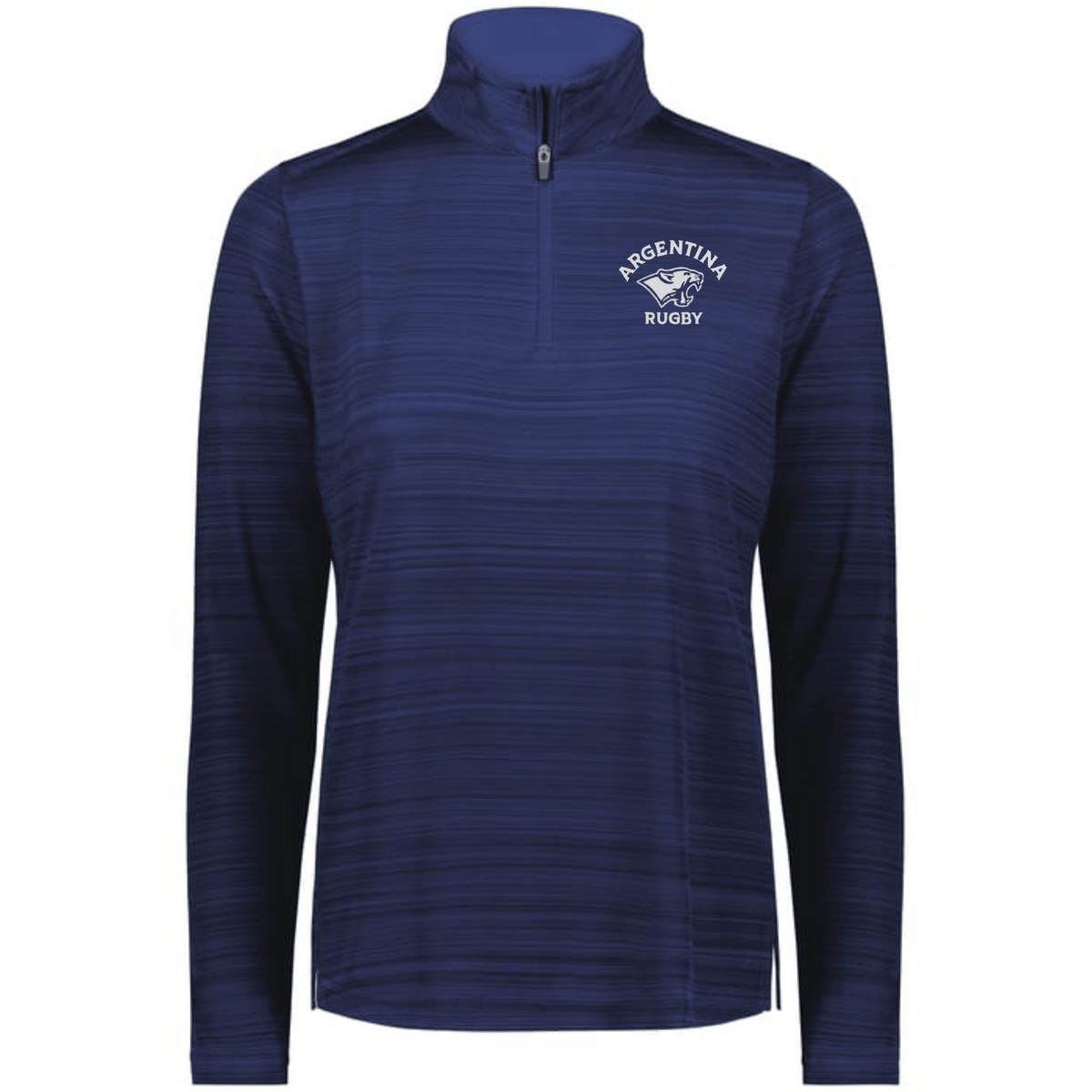 The EMB Augusta Women's Nations of Rugby Argentina Pursuit 1/4 Zip Pullover is a blue, long-sleeve top with the Argentina Rugby logo on the left chest—stylish, moisture-wicking athletic wear.
