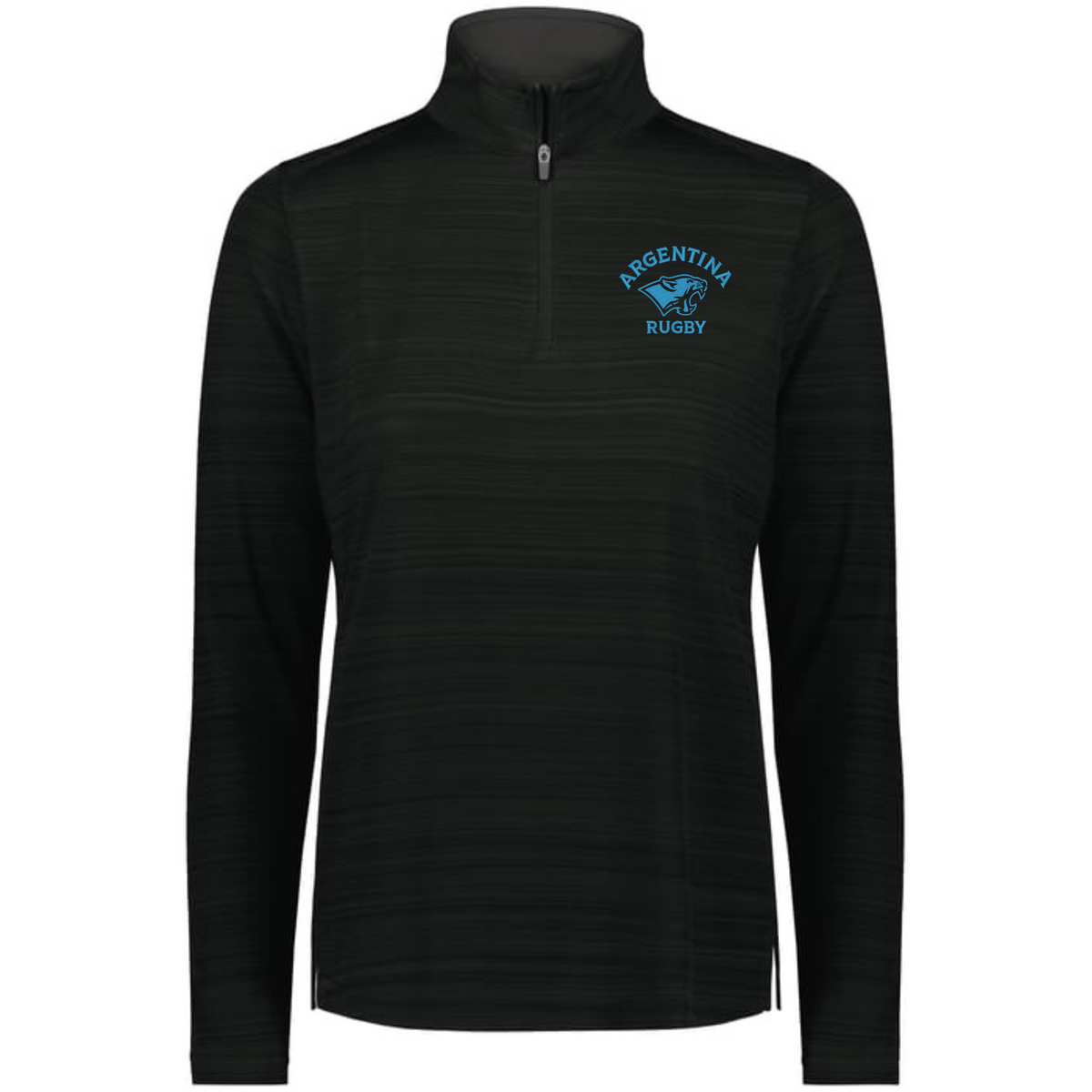 The EMB Augusta Women's Nations of Rugby Argentina Pursuit 1/4 Zip Pullover features long sleeves, moisture-wicking fabric, and a blue "Argentina Rugby" logo with jaguar graphic on the left chest for comfort and style.