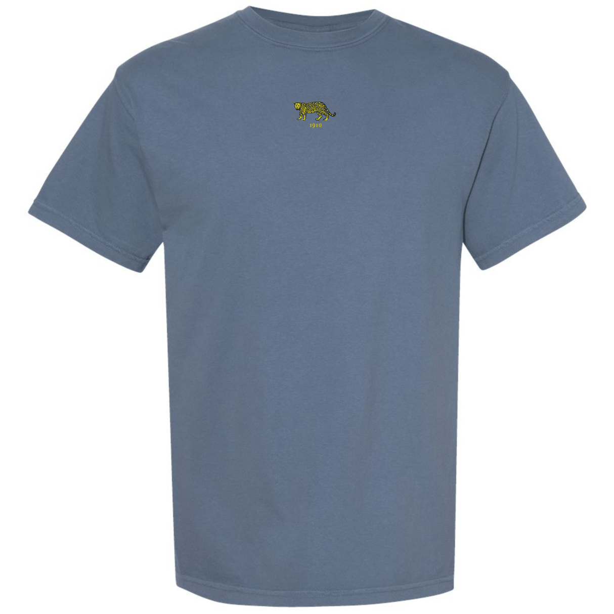The Argentina Vintage Comfort Tee by EMB S&S Activewear is a plain blue heavyweight tee with a small yellow and black tiger graphic and "OFF" text centered on the chest.