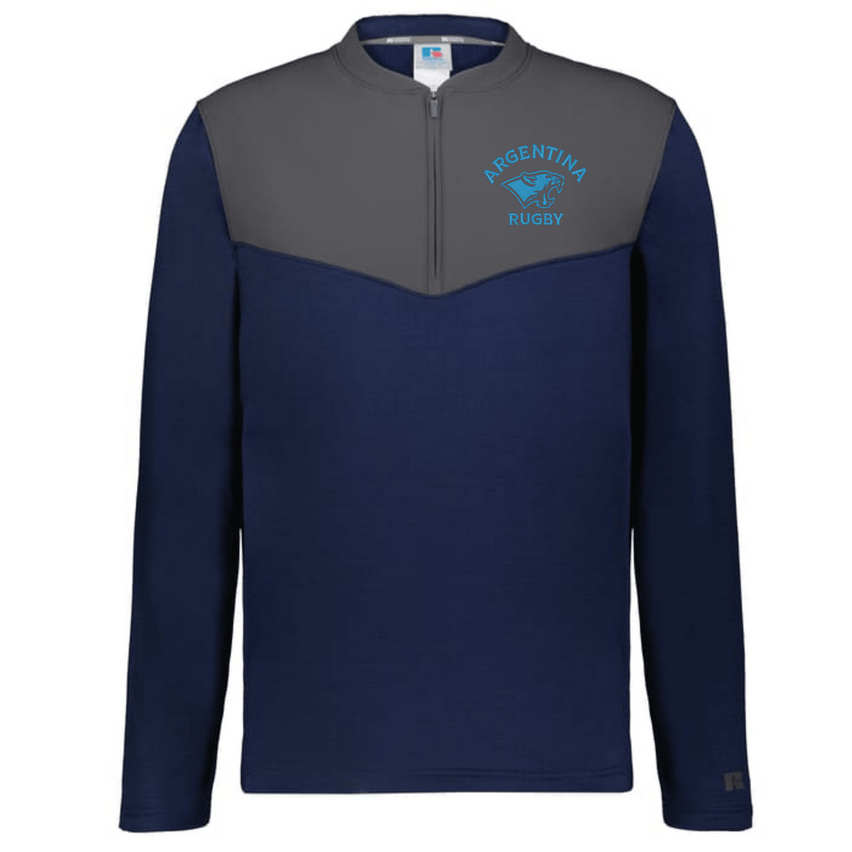 The EMB Augusta Nations of Rugby Argentina Sideline Grid 1/4 Zip Pullover in navy and gray features a bold puma graphic and "Argentina Rugby" logo on the left chest.