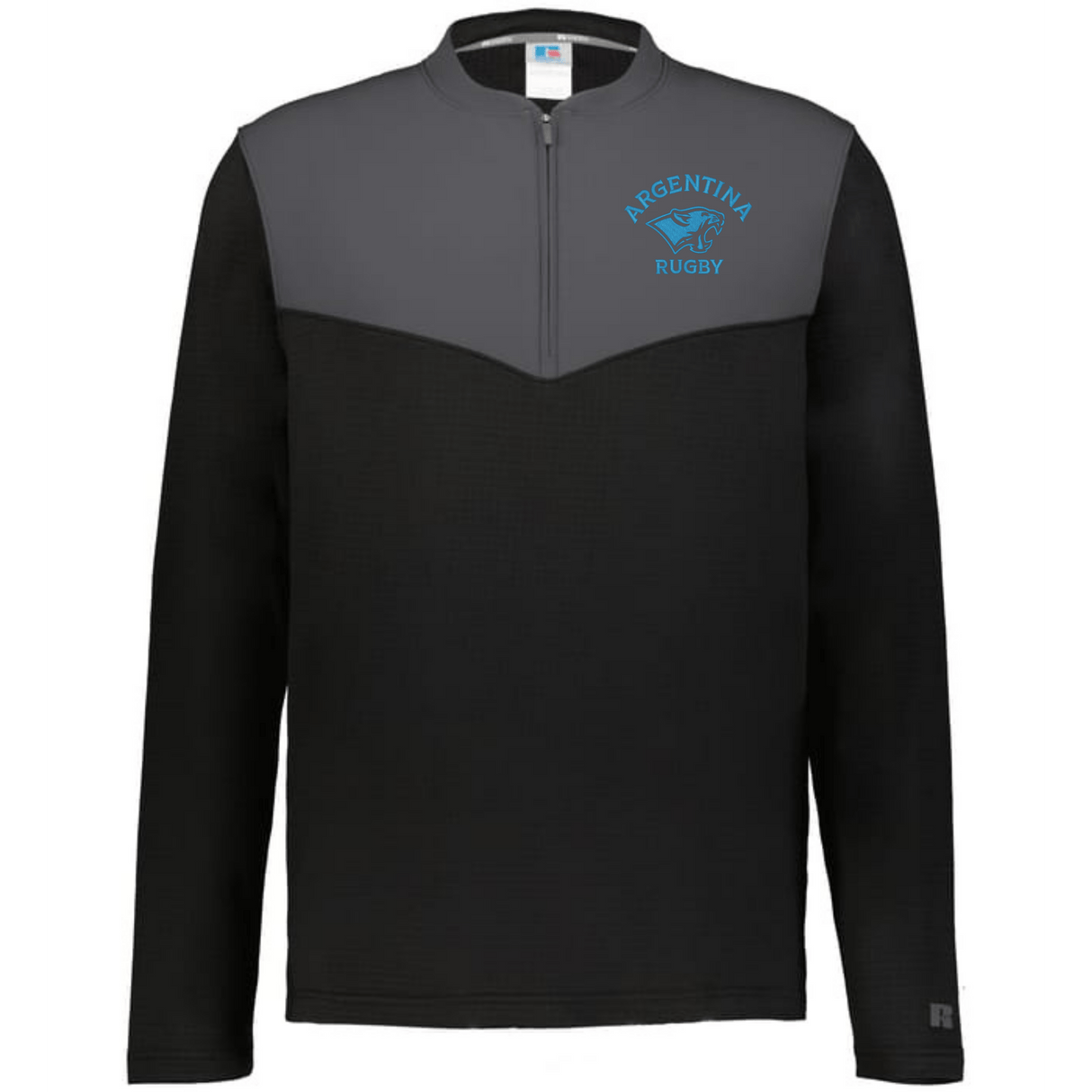 The EMB Augusta Nations of Rugby Argentina Sideline Grid 1/4 Zip Pullover is a black and gray long-sleeve featuring an "Argentina Rugby" jaguar logo on the left chest.