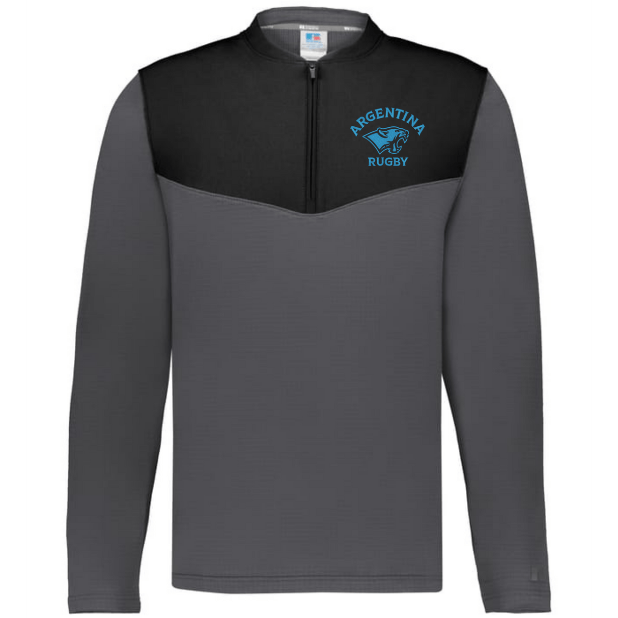 The EMB Augusta Nations of Rugby Argentina Sideline Grid 1/4 Zip Pullover features gray and black colors with "Argentina Rugby" and a blue jaguar logo on the chest—ideal official gear for Argentina rugby fans.