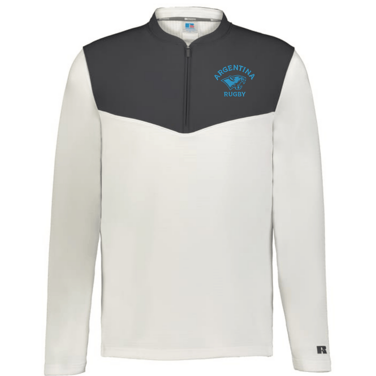 The EMB Augusta Nations of Rugby Argentina Sideline Grid 1/4 Zip Pullover features long sleeves, a half-zip design, dark gray upper with cream lower sections, and an "Argentina Rugby" logo on the left chest.