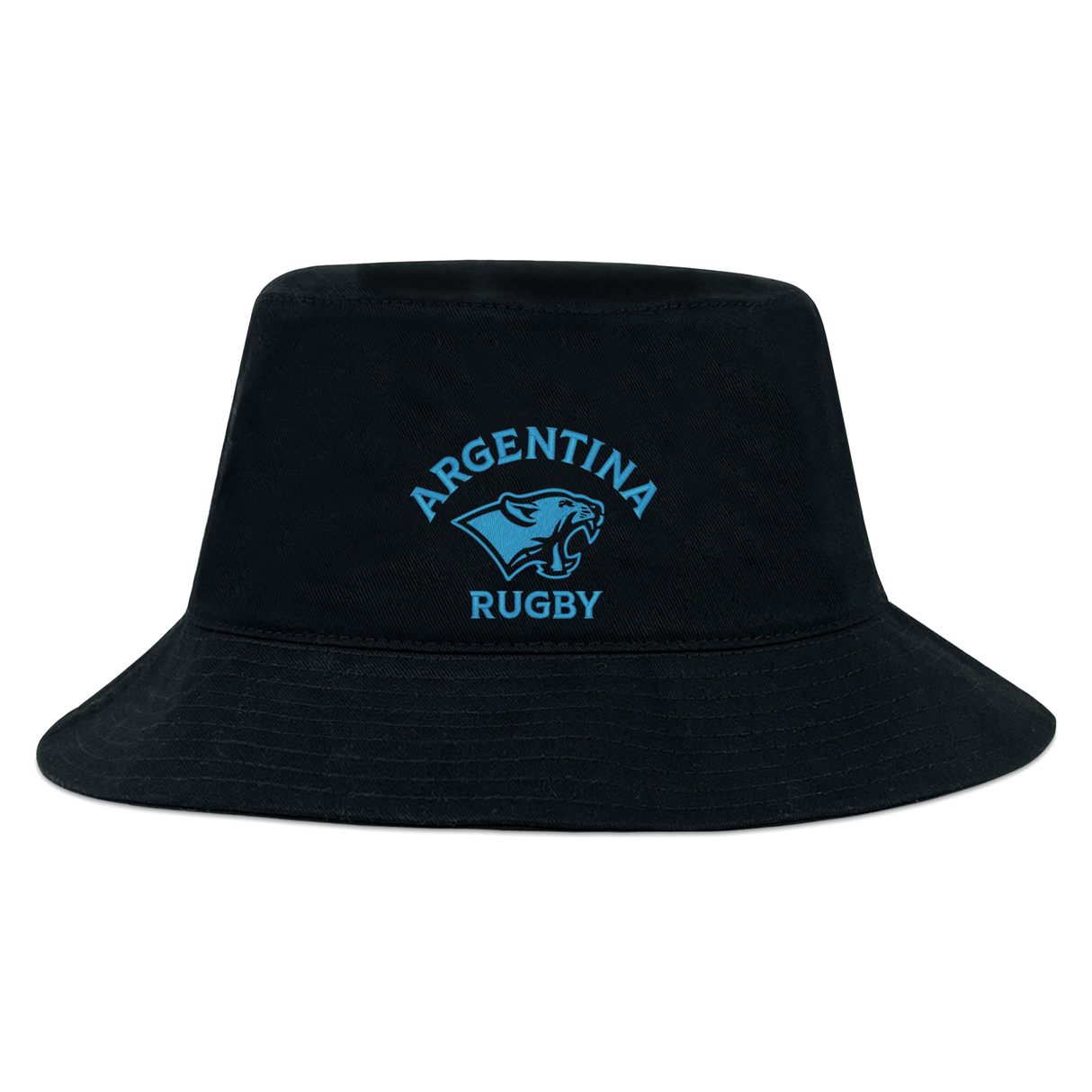 The EMB S&S Activewear Nations of Rugby Argentina Rugby Crusher Bucket Hat is a black cotton twill hat with a blue puma head logo and "Argentina Rugby" text—perfect for passionate Argentina rugby fans.