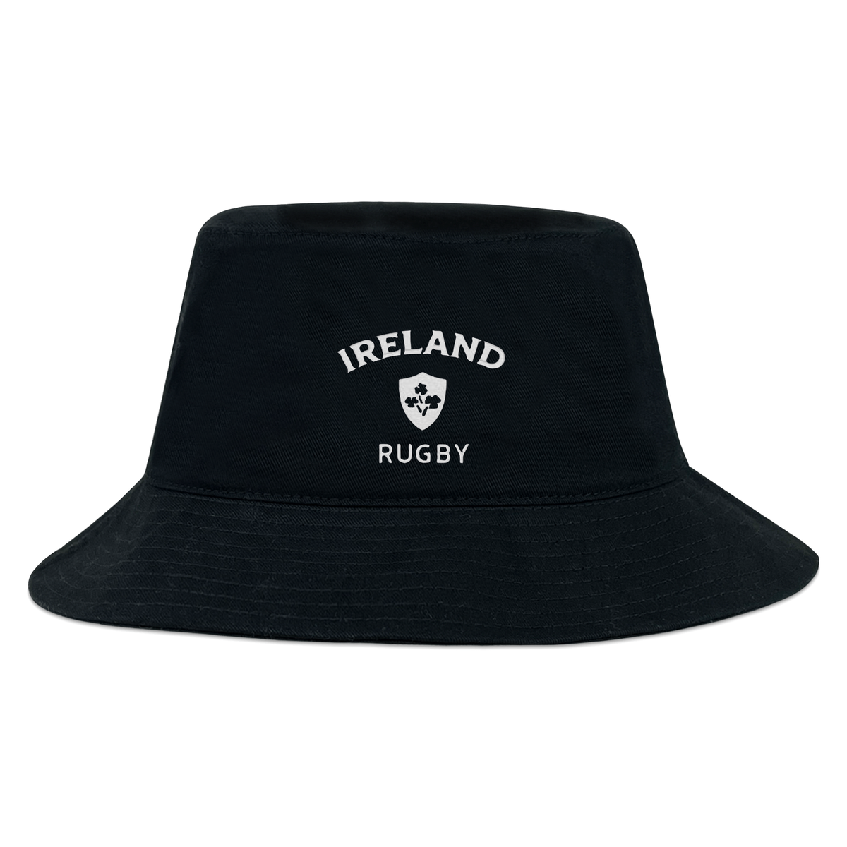 The EMB S&S Activewear Nations of Rugby Ireland Rugby Crusher Bucket Hat features black cotton twill with “Ireland Rugby” and a shamrock crest embroidered in white—perfect for any Ireland rugby supporter.