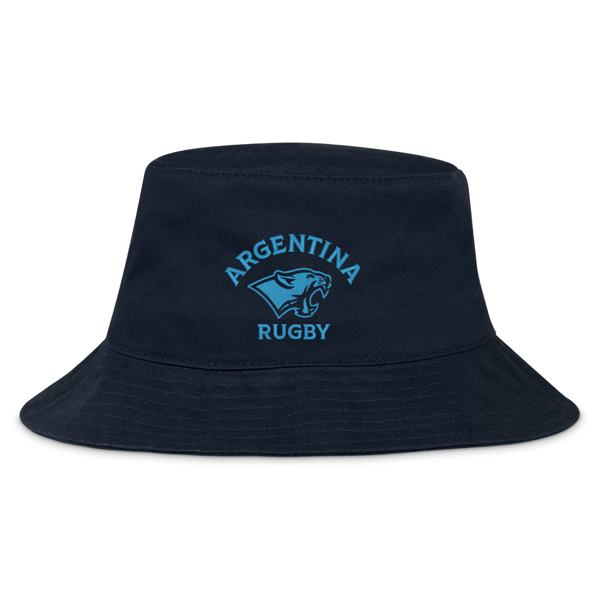 Show your support with the Nations of Rugby Argentina Rugby Crusher Bucket Hat by EMB S&S Activewear, featuring a blue puma logo and "Argentina Rugby" embroidered on a navy blue cotton twill design.