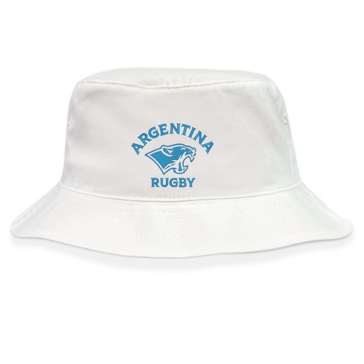 The EMB S&S Activewear Nations of Rugby Argentina Rugby Crusher Bucket Hat is a white cotton twill hat featuring a blue jaguar head logo and "Argentina Rugby" print—an ideal addition to any rugby fan's collection.