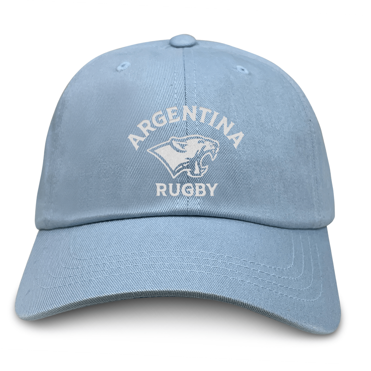 The Nations of Rugby Argentina Dad Cap by EMB S&S Activewear features "Argentina Rugby" text and a puma logo embroidered on light blue cotton twill, making it a stylish choice for fans.