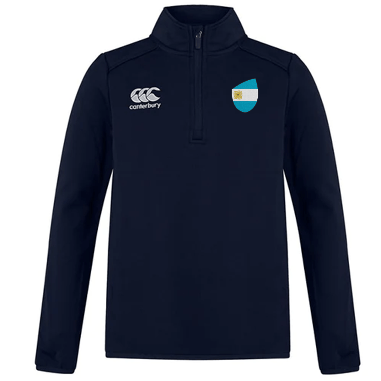 The Argentina Club Shield 1/4 Zip Training Top by EMB Canterbury is a navy rugby top with a Canterbury logo on the left chest and an Argentina rugby emblem on the right, made from durable bonded fleece for comfort and style.
