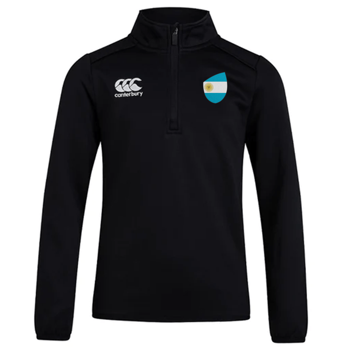 The Argentina Club Shield 1/4 Zip Training Top by EMB Canterbury is a black long-sleeve sports jacket with the Canterbury logo and an embroidered blue and white shield. Made from durable bonded fleece, it's ideal as a rugby training top, ensuring comfort and resilience for every game.