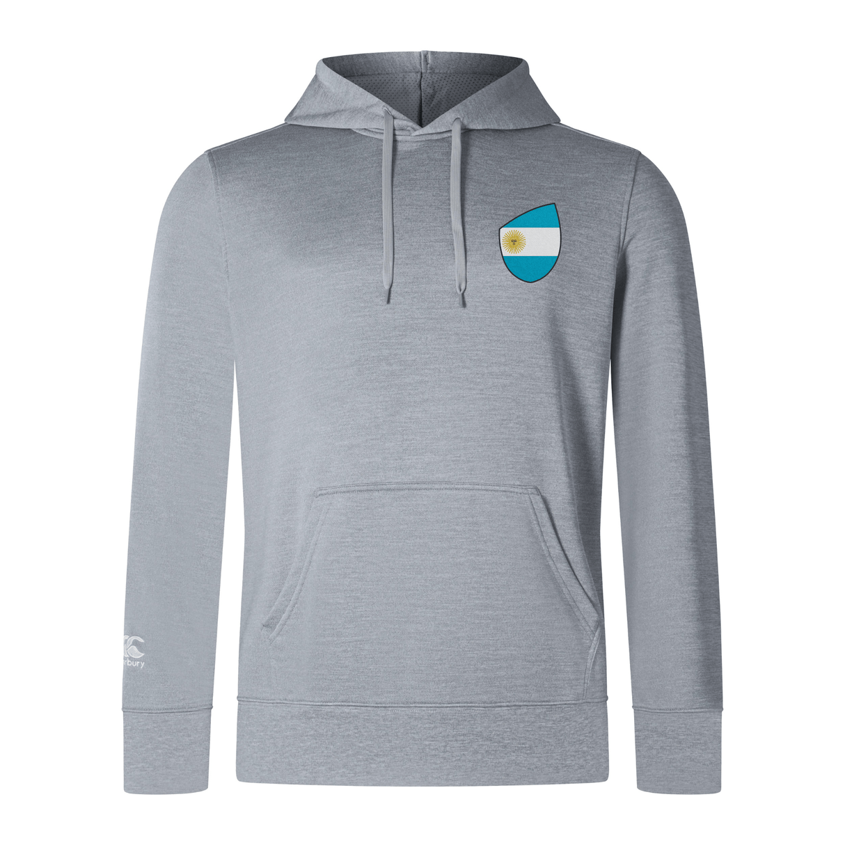 The EMB Canterbury Argentina Shield Club Lightweight Hoodie is a lightweight gray hoodie with a front pocket and hood, featuring a small blue and white stripe Argentina Shield emblem on the left chest—ideal for rugby supporters.