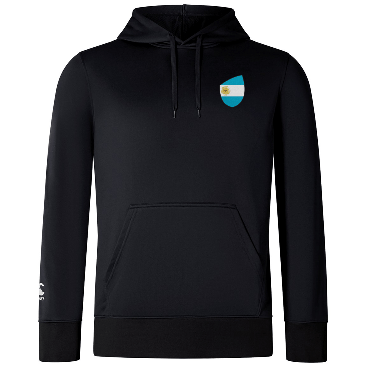 The EMB Canterbury Argentina Shield Club Lightweight Hoodie is a lightweight black hoodie with a small blue and white Argentina shield emblem on the chest and a logo on the right sleeve, ideal for rugby supporters.