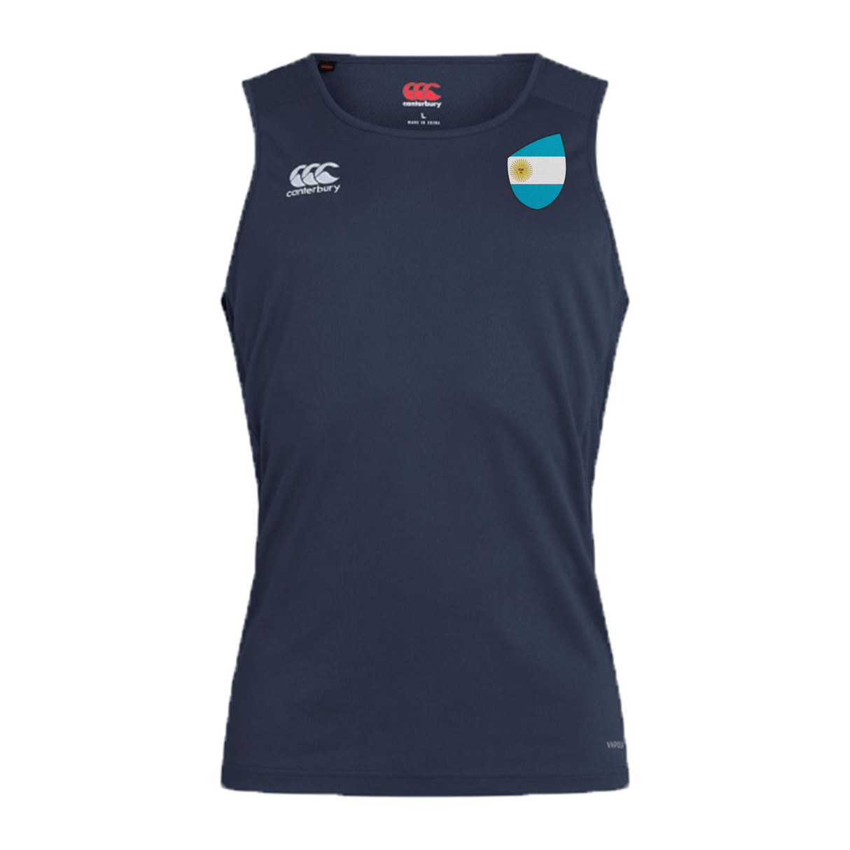 Navy blue sleeveless Argentina Shield Club Dry singlet featuring a small logo on the right chest and a light blue and yellow badge on the left chest, designed with Vapodri Technology by EMB Canterbury.