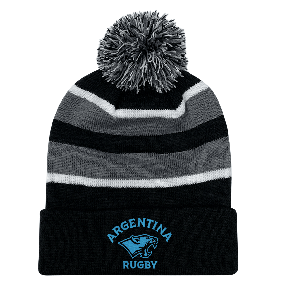 The EMB Augusta Nations of Rugby Argentina Hooped Pom-Pom Beanie features black, grey, and white stripes, a front cuff with blue "Argentina Rugby" and jaguar logo embroidery—ideal for rugby fans.