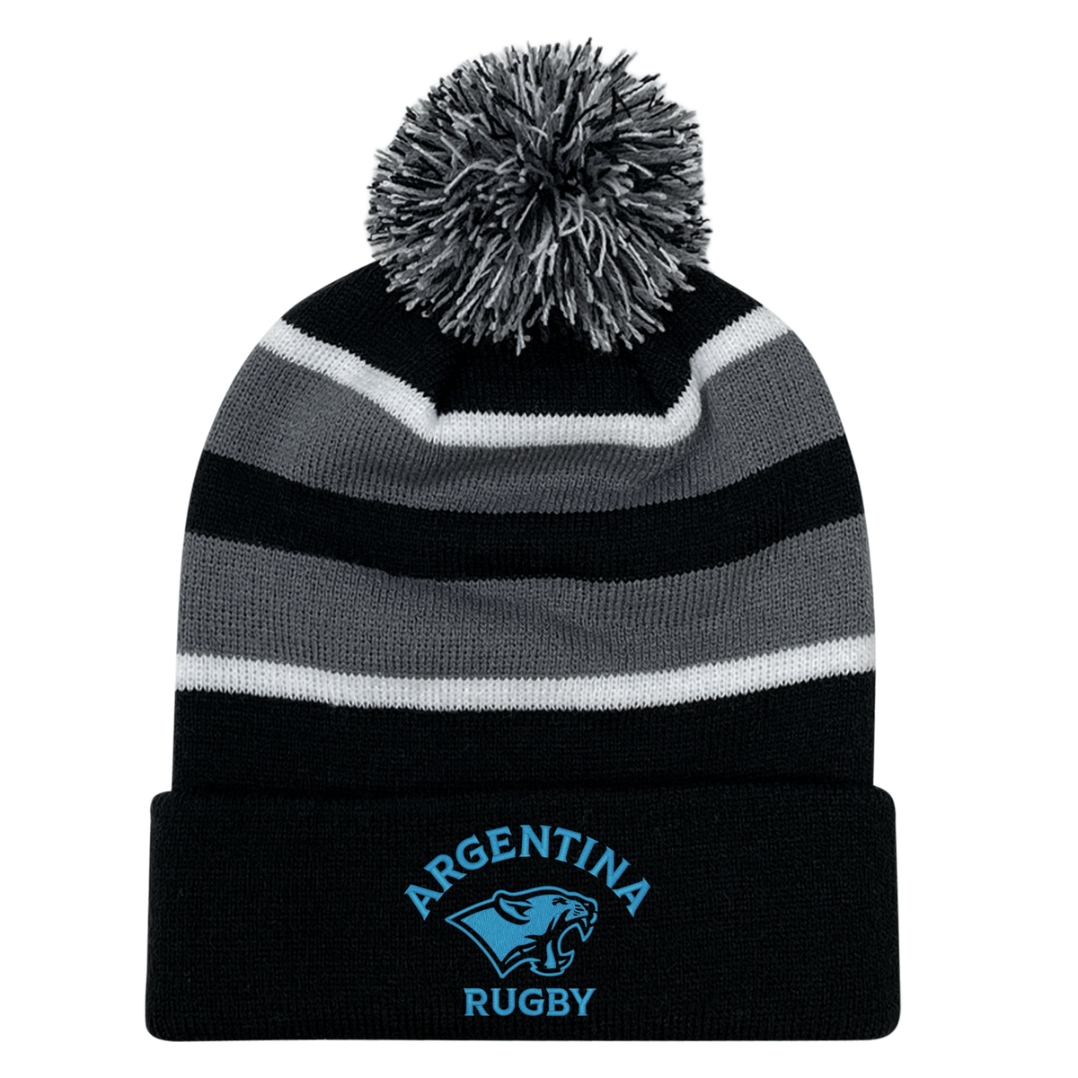 The EMB Augusta Nations of Rugby Argentina Hooped Pom-Pom Beanie features black, grey, and white stripes, a front cuff with blue "Argentina Rugby" and jaguar logo embroidery—ideal for rugby fans.
