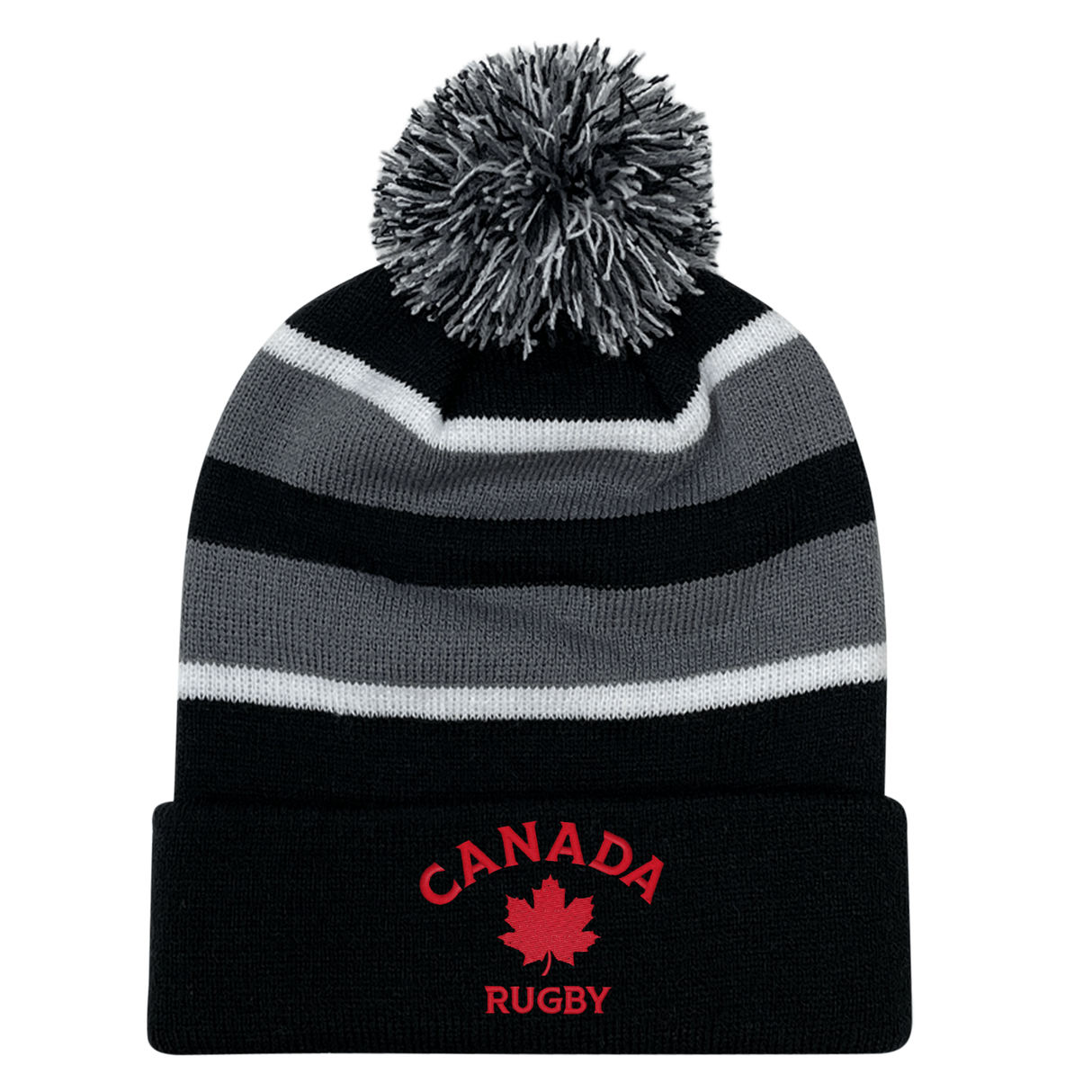 The EMB Augusta Nations of Rugby Canada Hooped Pom-Pom Beanie features black, grey, and white stripes, a red maple leaf, and "Canada Rugby" on the front cuff—ideal for Canadian rugby fans.