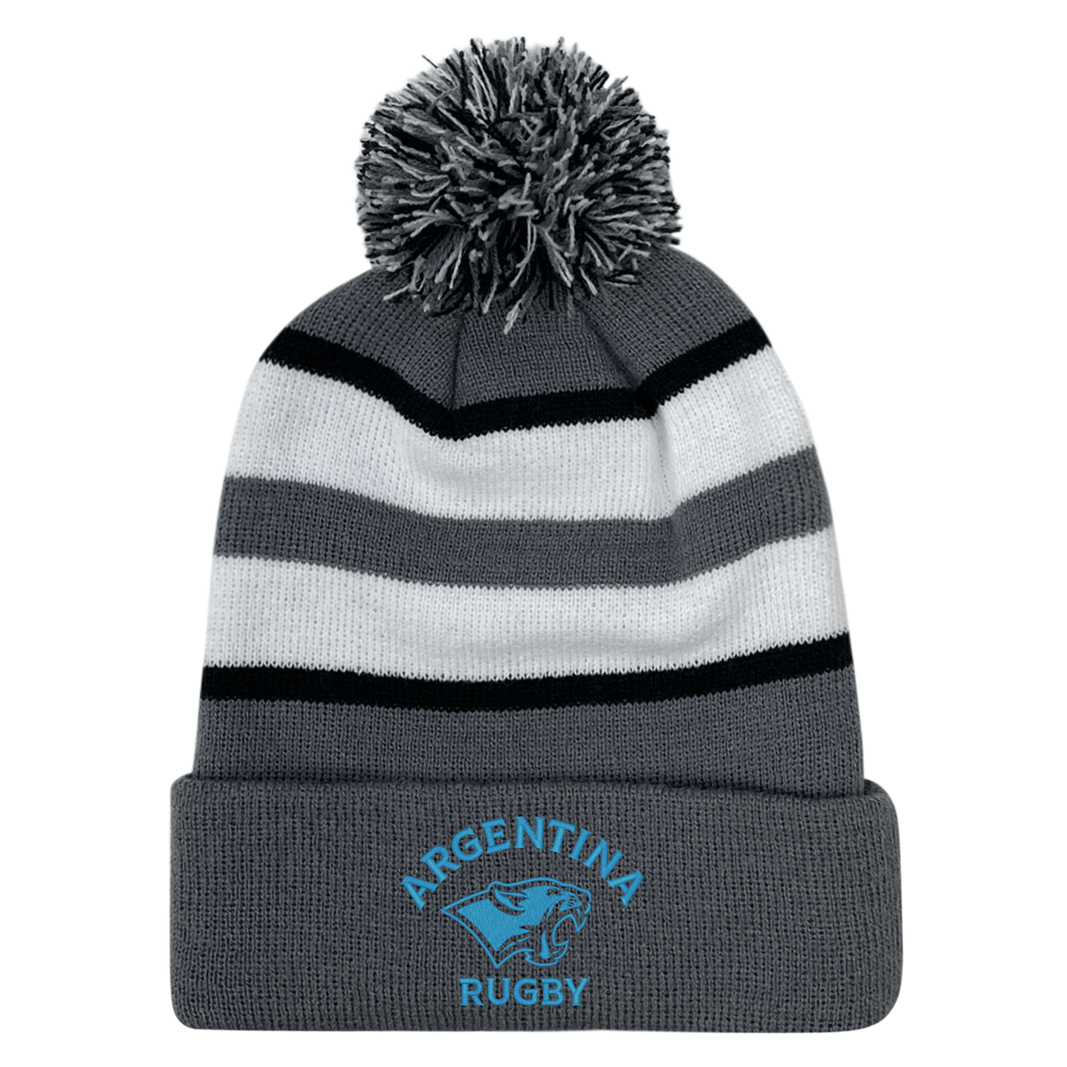 The EMB Augusta Nations of Rugby Argentina Hooped Pom-Pom Beanie features gray, black, and white stripes, “Argentina Rugby” text, and a puma logo on the brim—ideal for any rugby supporter’s collection.