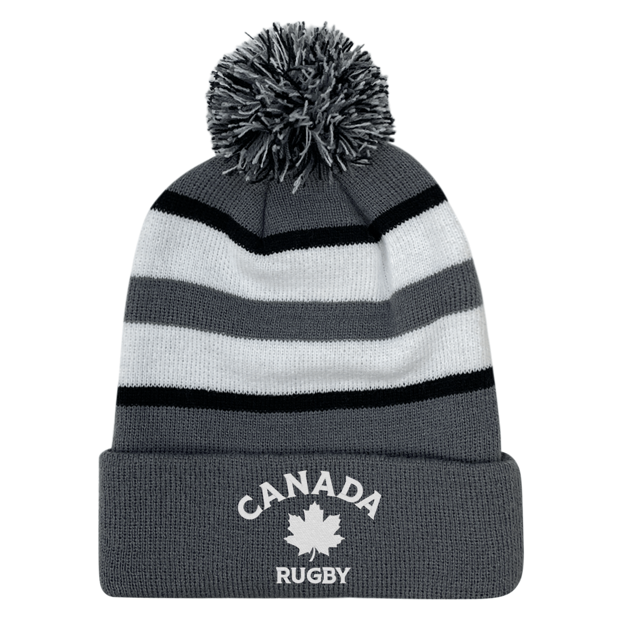 The EMB Augusta Nations of Rugby Canada Hooped Pom-Pom Beanie features gray, black, and white stripes with "Canada Rugby" and a maple leaf on the front cuff—ideal for Canadian rugby fans.