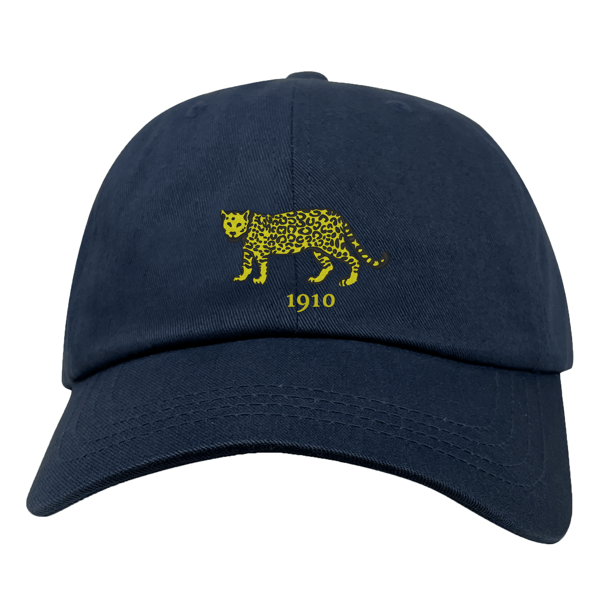 The EMB S&S Activewear Nations of Rugby Argentina Vintage Dad Cap features a navy blue design with a yellow leopard graphic and "1910" embroidered on the front, showcasing true vintage style.