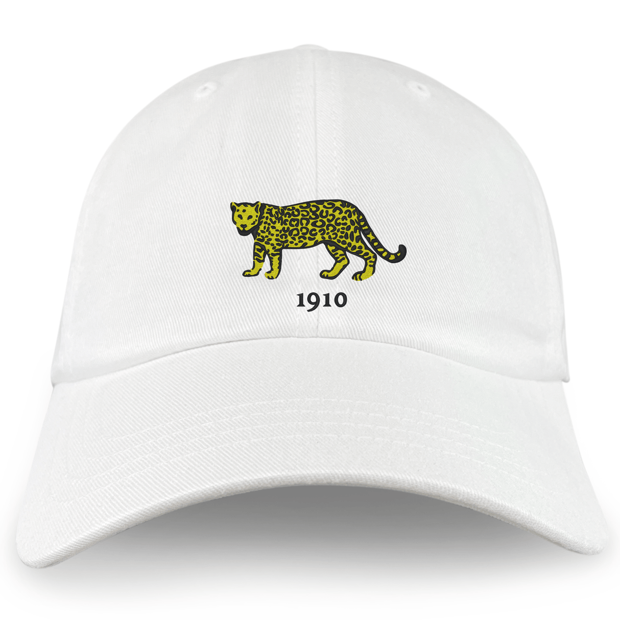 The Nations of Rugby Argentina Vintage Dad Cap by EMB S&S Activewear is a white baseball cap with a yellow and black leopard graphic above "1910"—perfect for rugby fans or collectors of vintage Argentina dad caps.