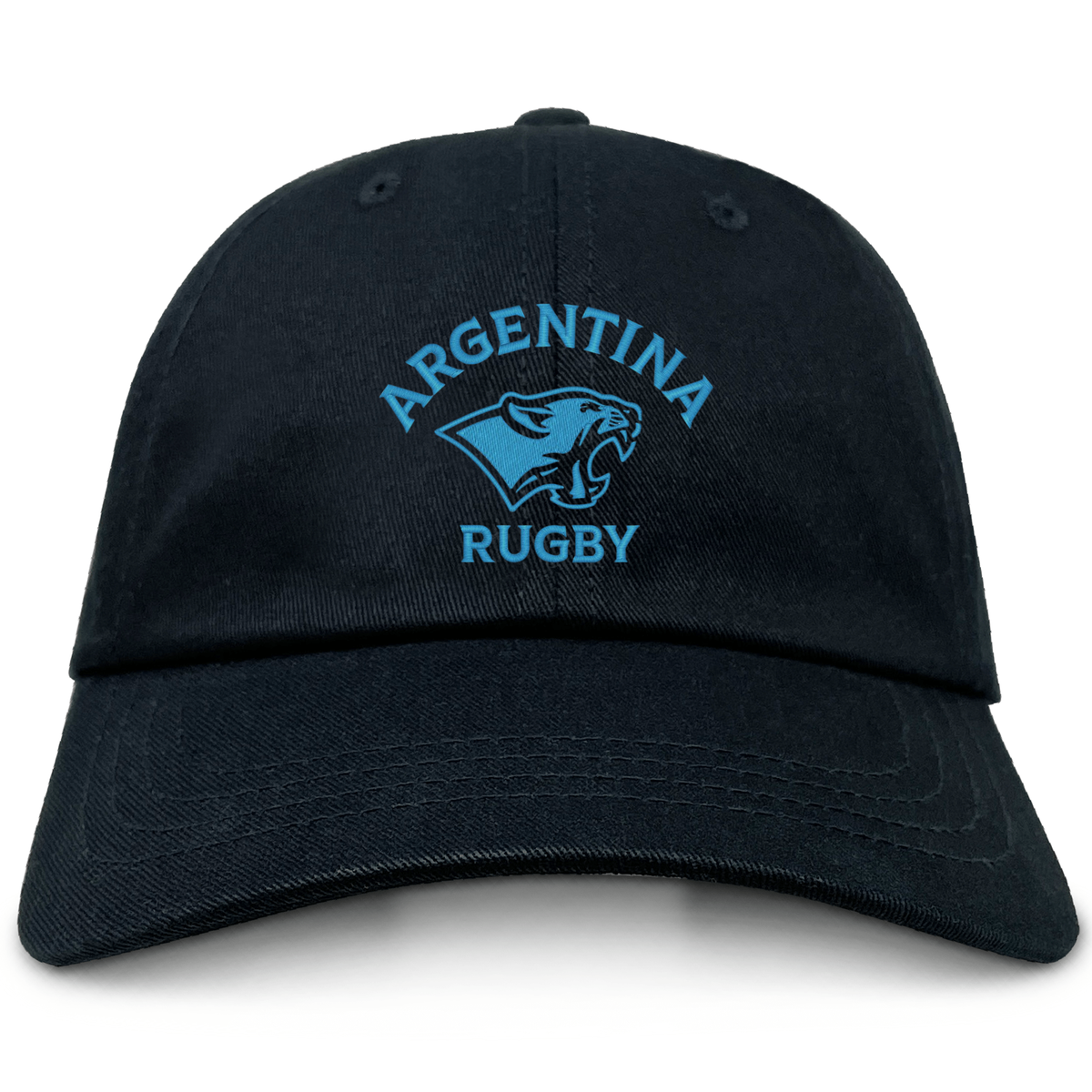 The EMB S&S Activewear Nations of Rugby Argentina Dad Cap is a black cotton twill hat featuring "Argentina Rugby" and a light blue jaguar logo embroidered on the front—ideal for rugby fans.