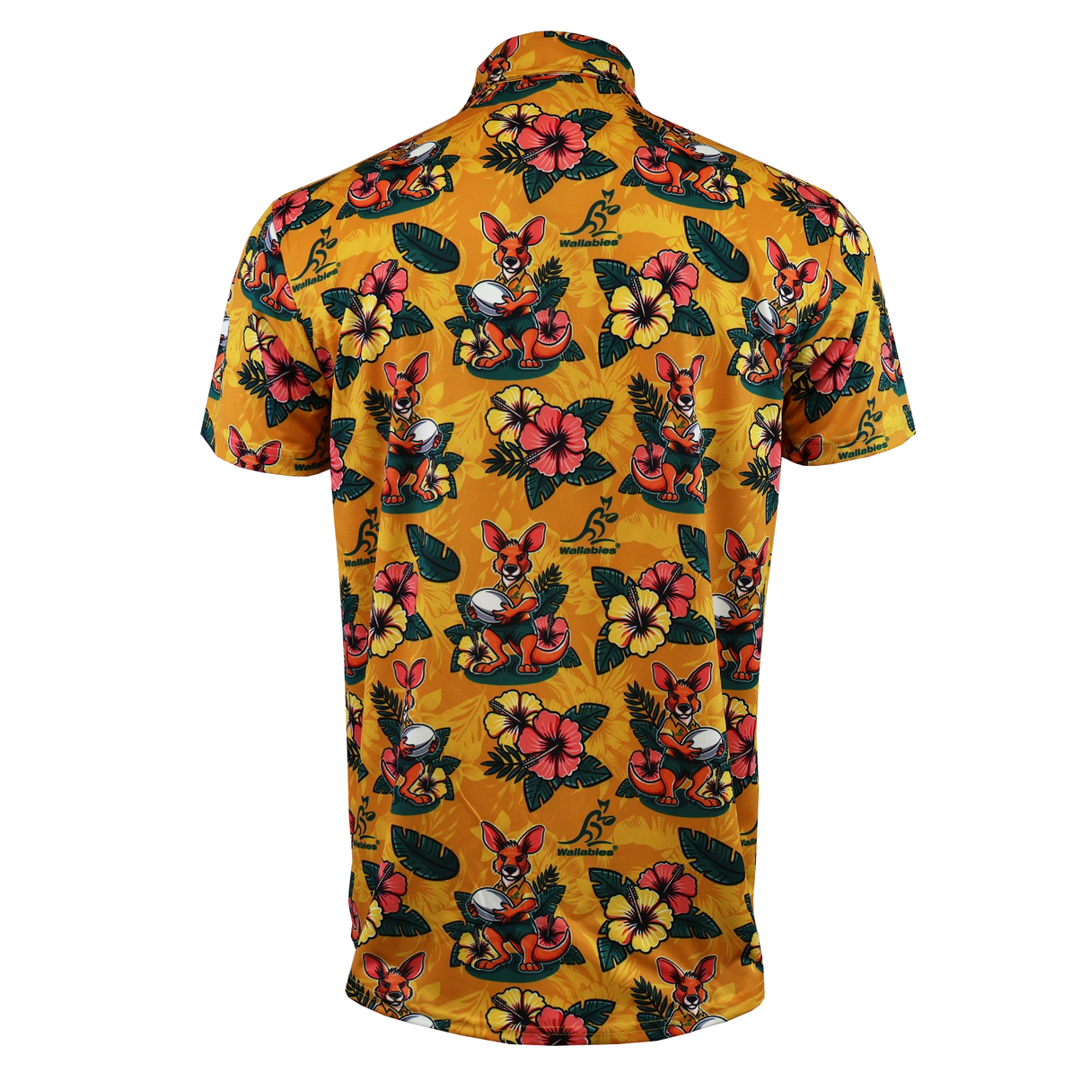 Back view of the Wallabies "Skipper" Hawaiian Shirt by Ashtabula, featuring an orange background with floral patterns, cartoon animals, and subtle nods to the British & Irish Lions tour.