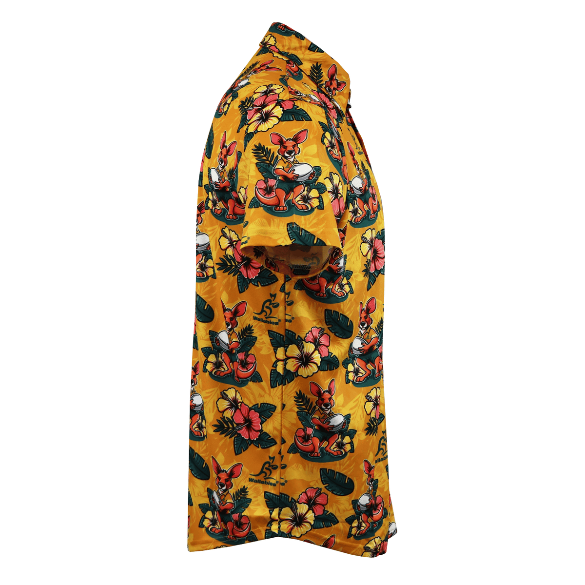 Celebrate the British & Irish Lions tour in style with the Wallabies "Skipper" Hawaiian Shirt by Ashtabula—a yellow short-sleeve shirt featuring cartoon wallabies, tropical leaves, and pink flowers, shown from the side.