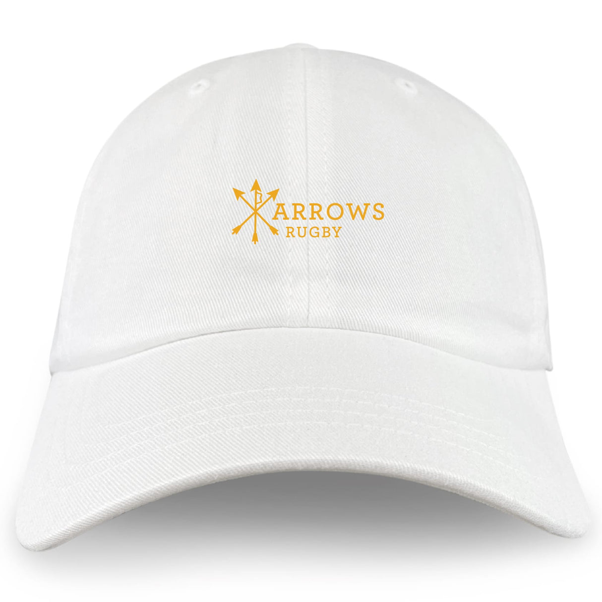 The Arrows Rugby Club Adult Low-Profile Cotton Twill Dad Cap by EMB S&S Activewear features a yellow three-crossed-arrows logo embroidered on white—ideal for any fan.