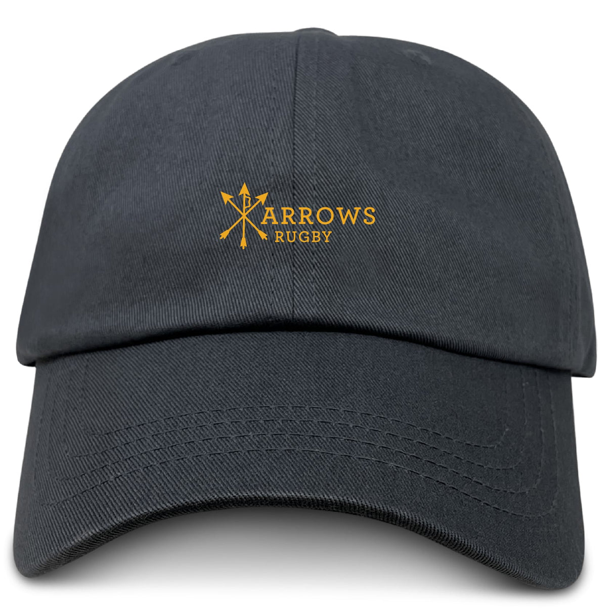 The Arrows Rugby Club Adult Low-Profile Cotton Twill Dad Cap by EMB S&S Activewear features a black design with a yellow "Arrows Rugby" logo and three arrows above "Arrows," perfect for fans wanting a stylish embroidered team hat.