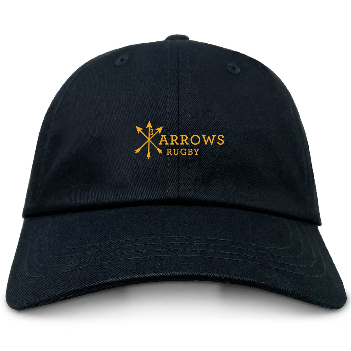 The EMB S&S Activewear Arrows Rugby Club Adult Low-Profile Cotton Twill Dad Cap features a black design with a yellow "Arrows Rugby" logo and three crossed arrows, combining team spirit with comfort and style.