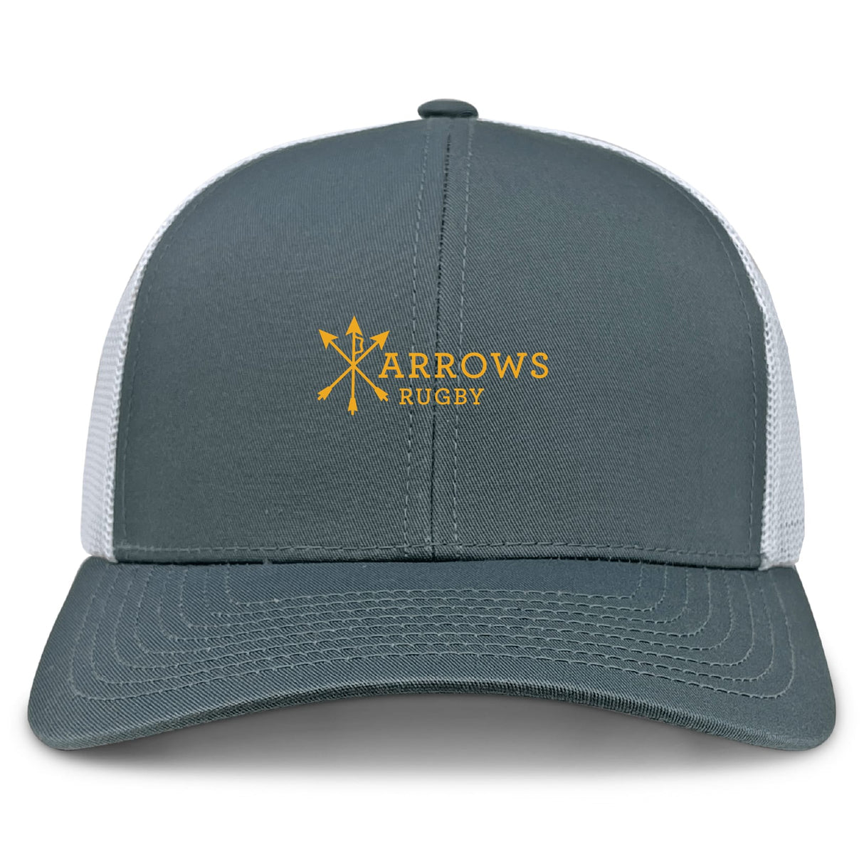 The Arrows Rugby Club Retro Trucker Cap by EMB S&S Activewear features a gray and white design, bold yellow "Arrows Rugby" with three crossed arrows embroidery on the front, and an adjustable snapback closure for a perfect fit.