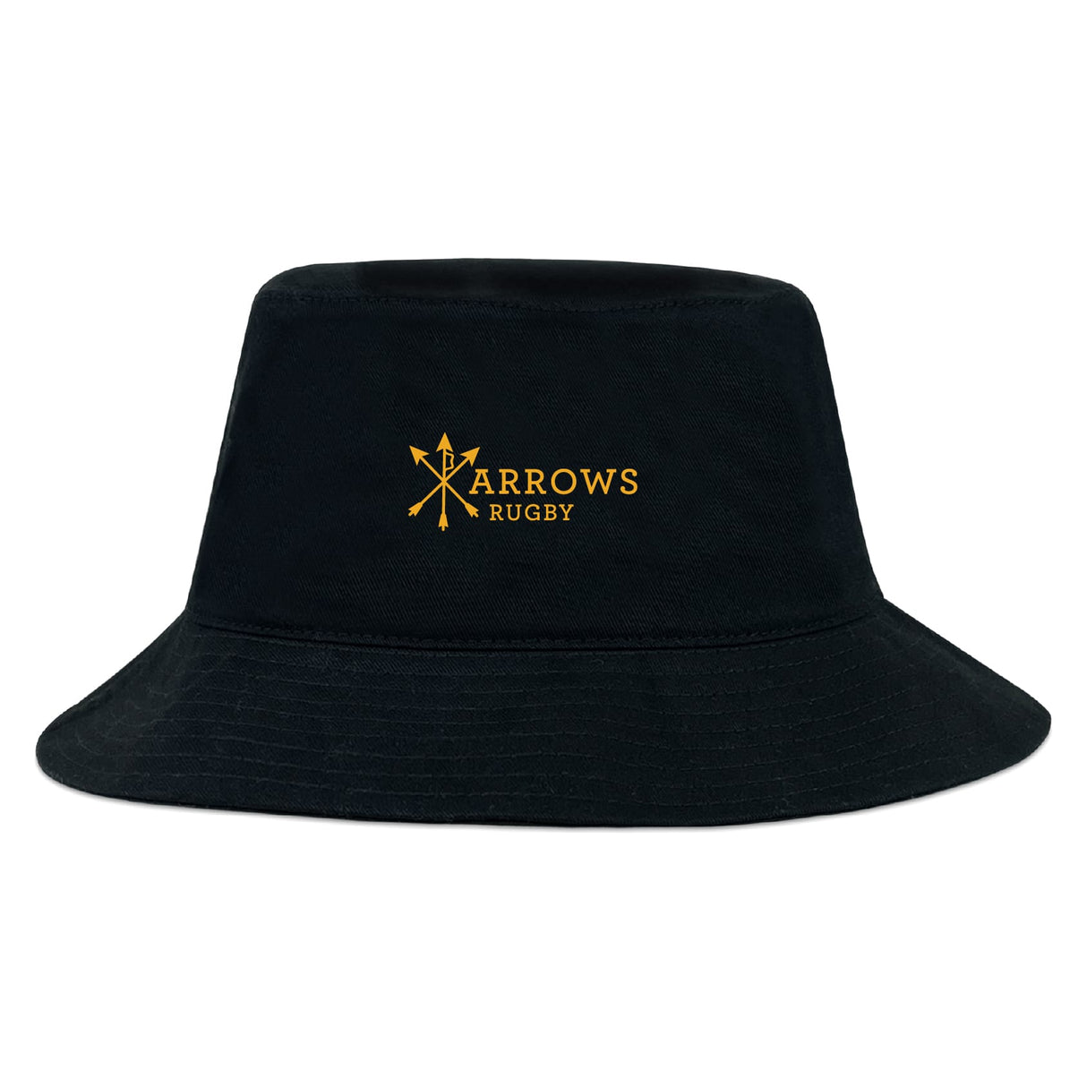 The EMB S&S Activewear Arrows Rugby Club Crusher Bucket Cap is a black cotton twill hat featuring a yellow "Arrows Rugby" logo with crossed arrows, combining classic style and sun protection in a sporty design.