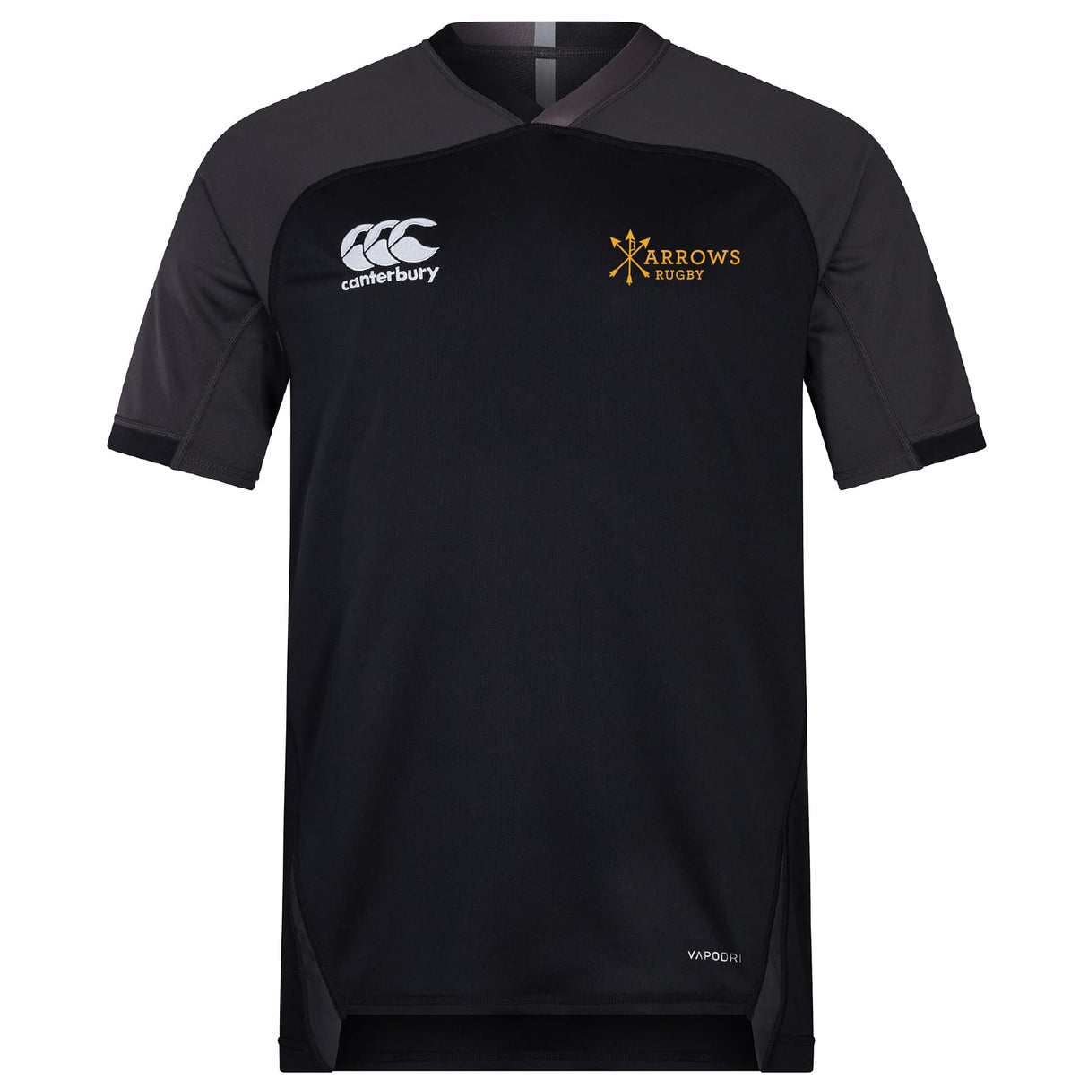 The Arrows Rugby Club Vapodri Evader Jersey by EMB Canterbury features black and dark gray colors, "Arrows Rugby" logo with star on the right chest, and Canterbury logo on the left. Moisture-wicking for top performance and style.