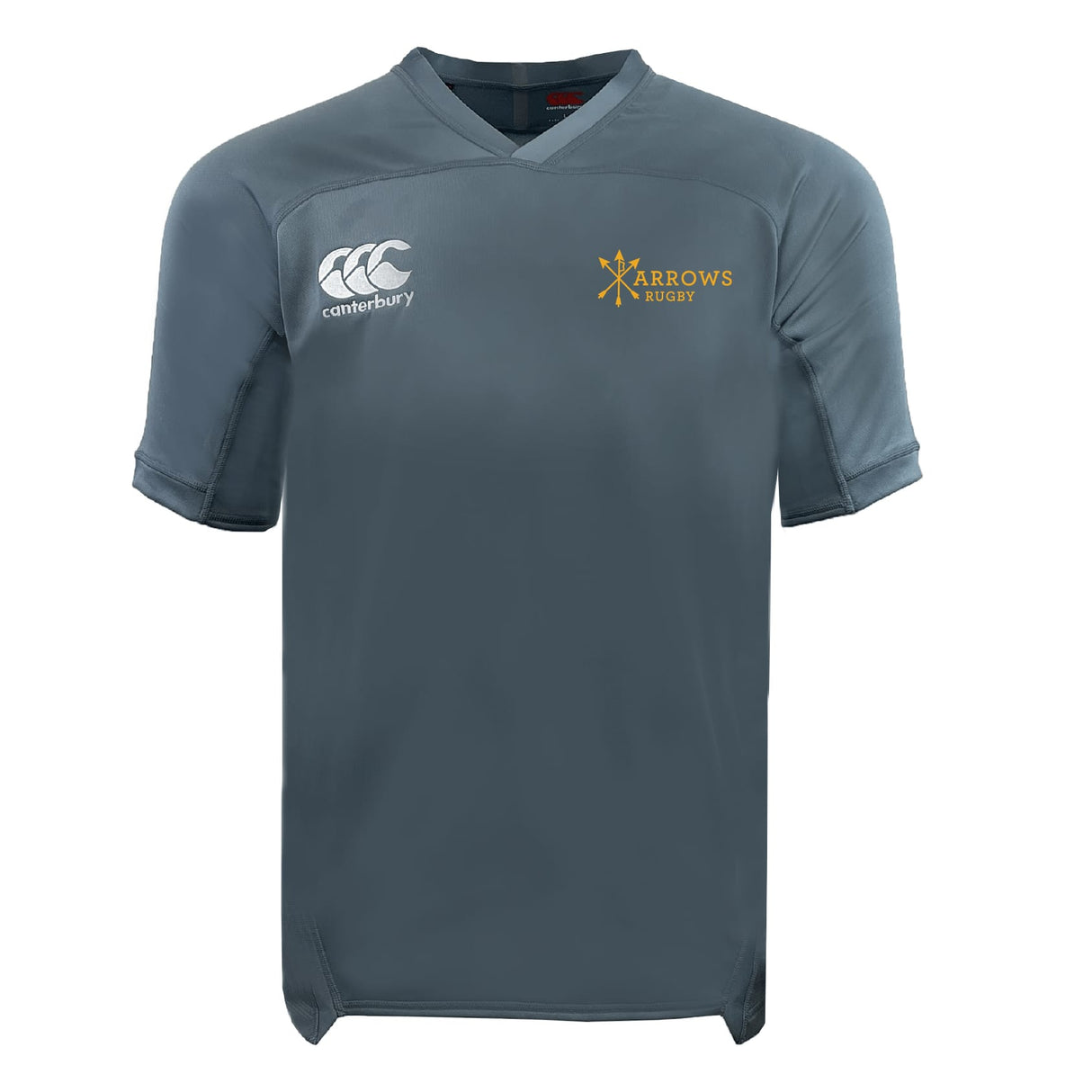 The Arrows Rugby Club Vapodri Evader Jersey by EMB Canterbury is a gray, short-sleeve, moisture-wicking rugby jersey featuring the Canterbury logo on the right chest and the Arrows Rugby logo on the left.