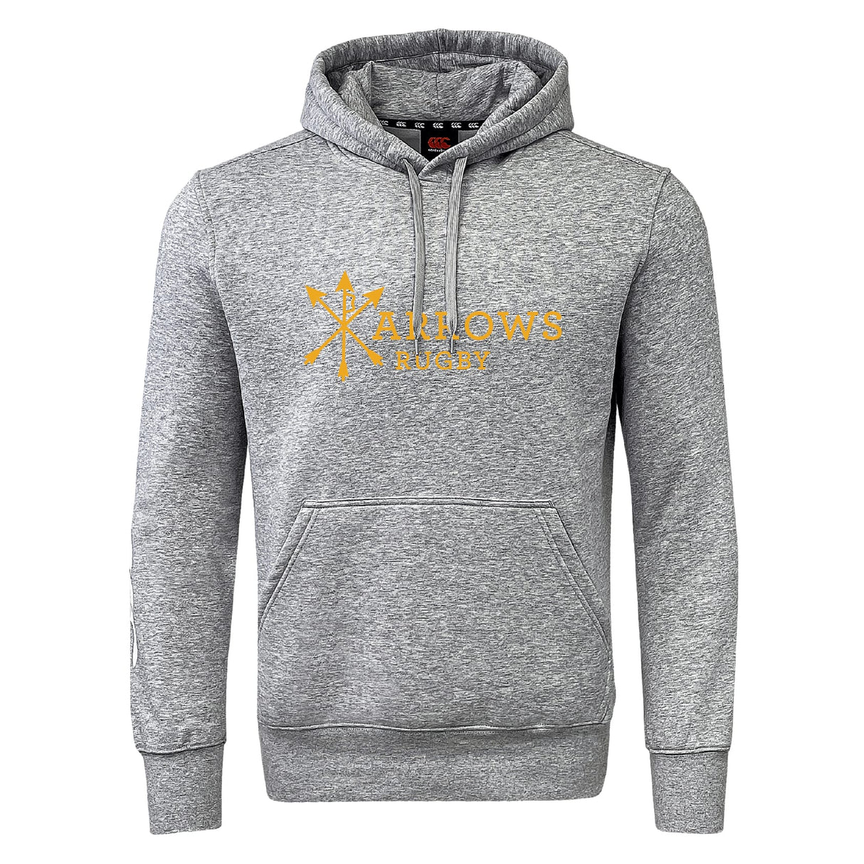 The Arrows Rugby Club Club Hoodie by WRS Canterbury is a grey team sweatshirt with yellow text, perfect for showing your spirit on and off the field.