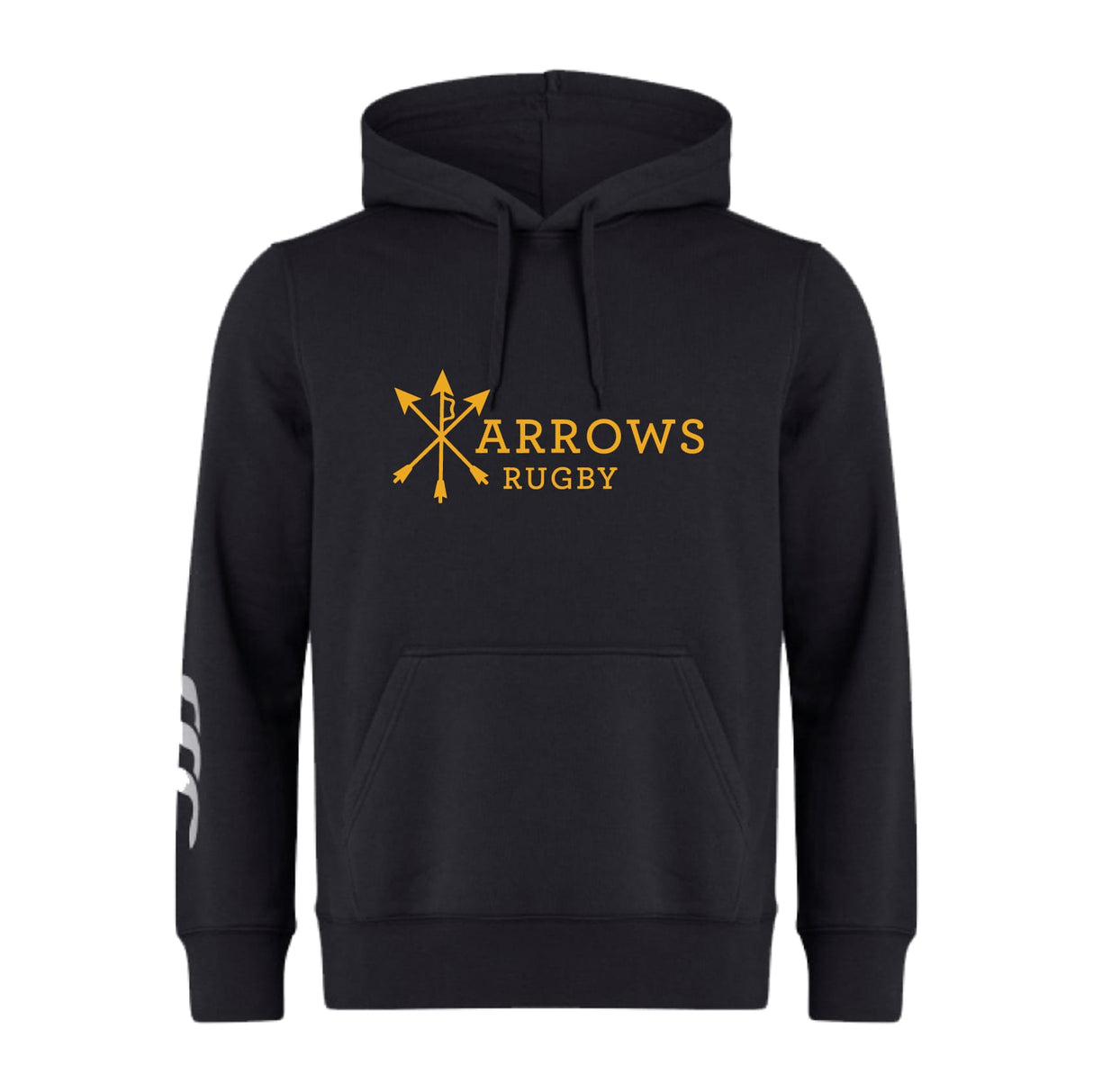 The Arrows Rugby Club Club Hoodie by WRS Canterbury is a black custom rugby hoodie with a yellow "Arrows Rugby" logo and crossed arrows on the chest plus a white design on the right sleeve—ideal as a team sweatshirt for any rugby club.