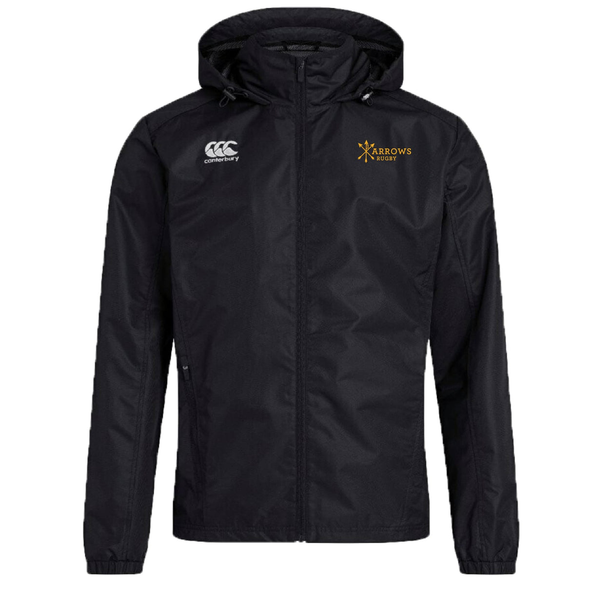 The Arrows Rugby Club Vaposhield Stadium Jacket by EMB Canterbury is a black, hooded zip-up with padded insulation, featuring a white Canterbury logo on the right chest and an Arrows Rugby logo on the left.
