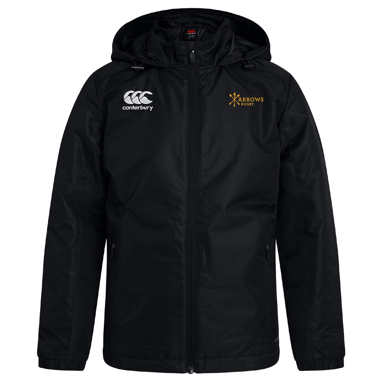 The Arrows Rugby Club Vaposhield Full Zip Rain Jacket by EMB Canterbury features water-resistant VapoShield tech, a Canterbury logo on the right chest, a gold Arrows Rugby logo on the left chest, front zipper, and long sleeves.