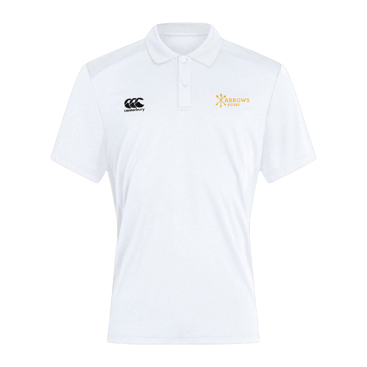 The Arrows Rugby Club Club Dry Polo by EMB Canterbury is a white short-sleeve polo with Vapodri technology, featuring a black Canterbury logo on the left chest and a yellow "Arrows Rugby" logo on the right.