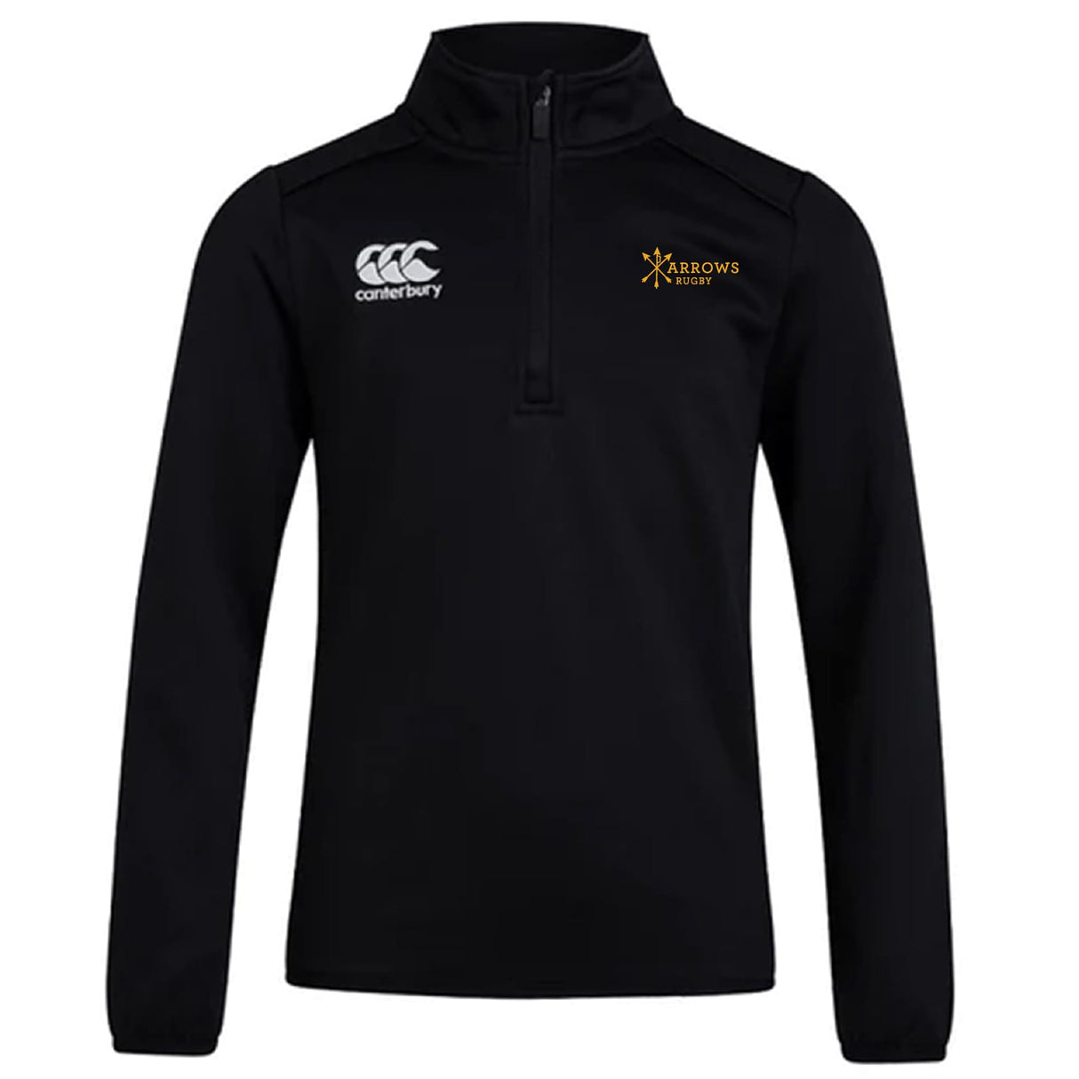 The Arrows Rugby Club Track Jacket by EMB Canterbury is a black, lightweight quarter-zip pullover with Canterbury and Arrows Rugby logos—perfect for stylish comfort as a club track jacket.