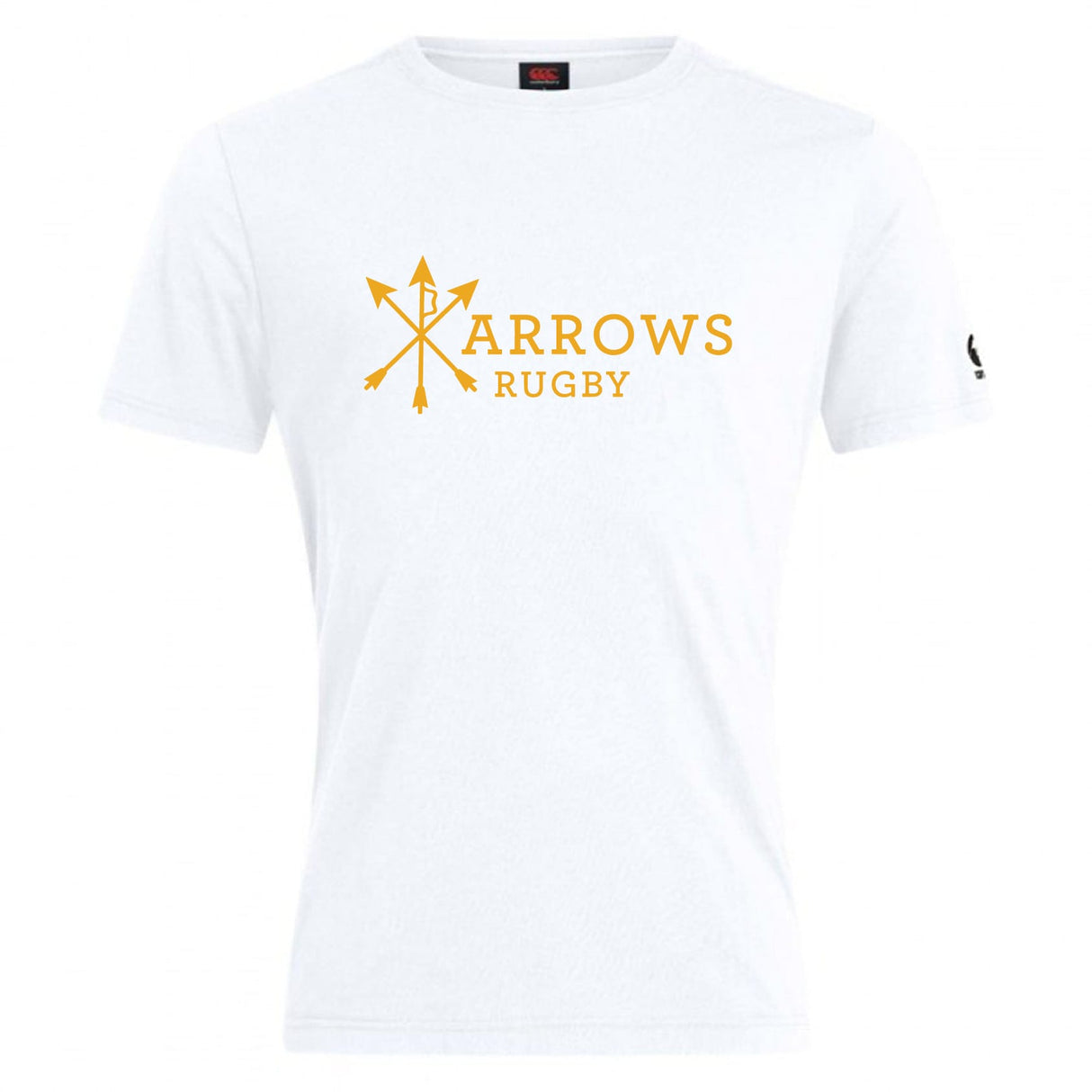 The Arrows Rugby Club Club Plain Tee by WRS Canterbury is a white cotton blend shirt with a yellow "Arrows Rugby" logo of three crossed arrows on the chest and a small black logo on the left sleeve.