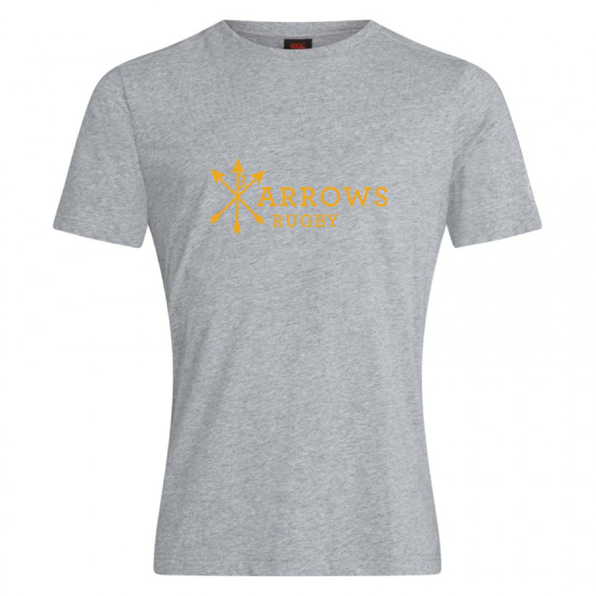 The WRS Canterbury Arrows Rugby Club Plain Tee is a heather grey cotton blend shirt with a yellow "Arrows Rugby" logo, two crossed arrows, and a rugby ball on the chest.