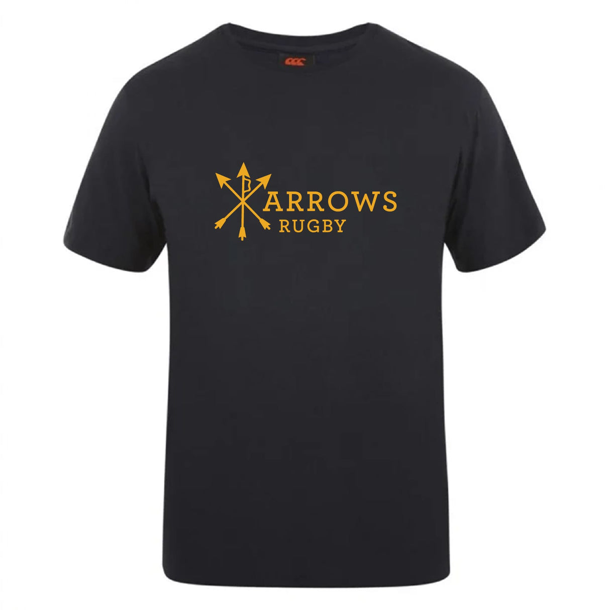 The WRS Canterbury Arrows Rugby Club Plain Tee by Canterbury is a black cotton blend t-shirt featuring a yellow "Arrows Rugby" logo with three crossed arrows, ideal for fans seeking comfort and customization.
